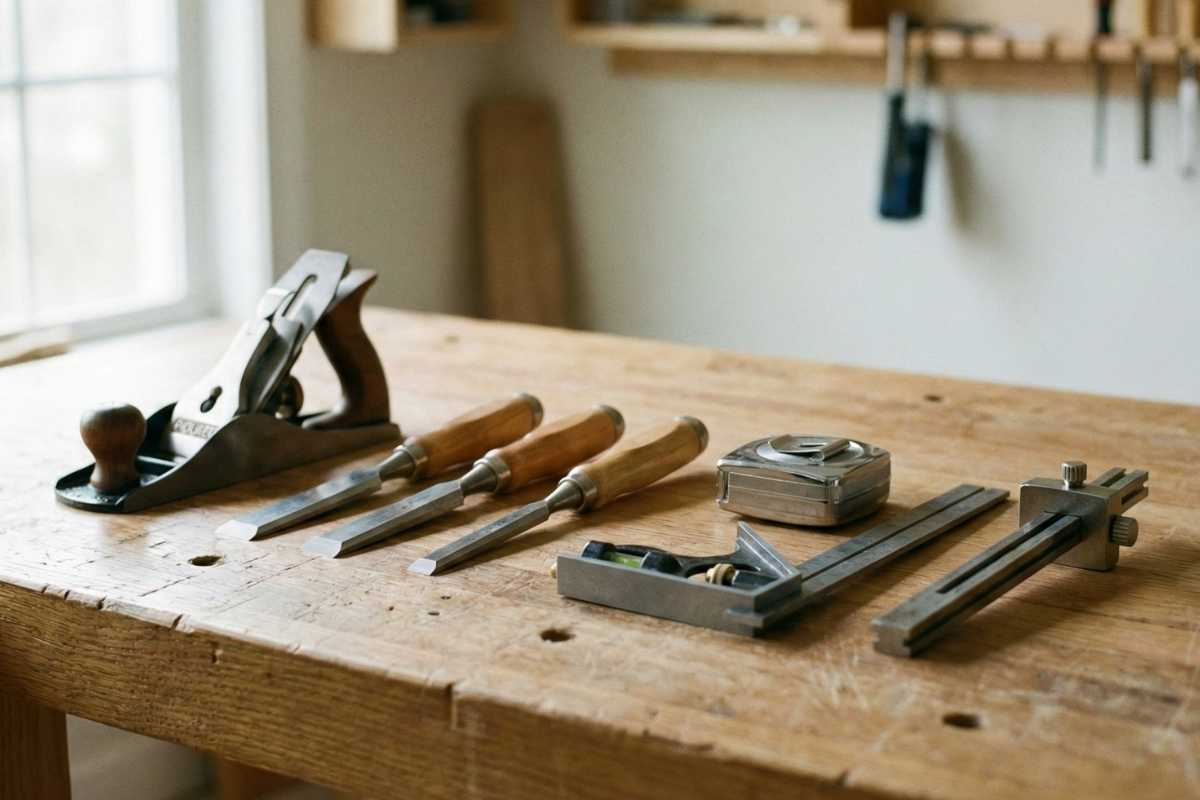 Five high-quality hand tools: a Japanese saw, three chisels, a combination square, a marking knife, and a wooden mallet, laid out on a workbench.