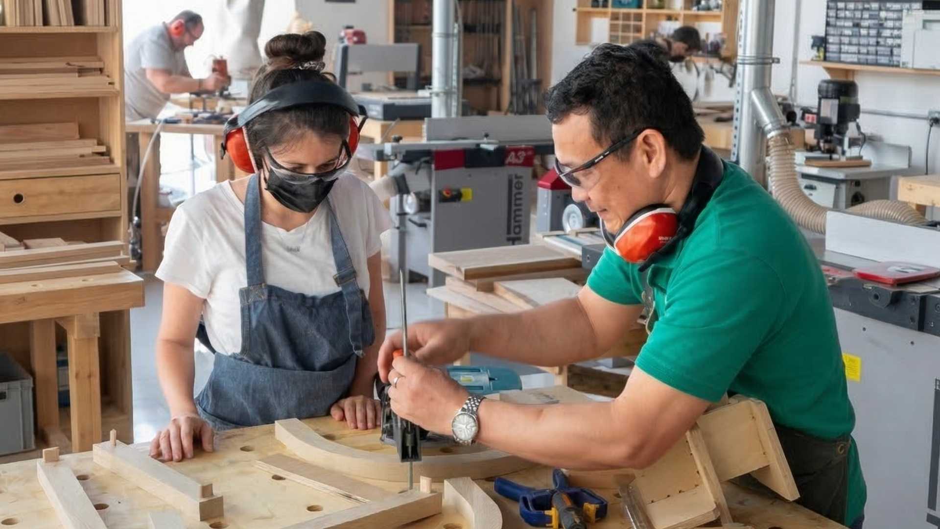 Woodworking instructor guiding a beginner student through a hands-on project at The Makers Society workshop in Dubai