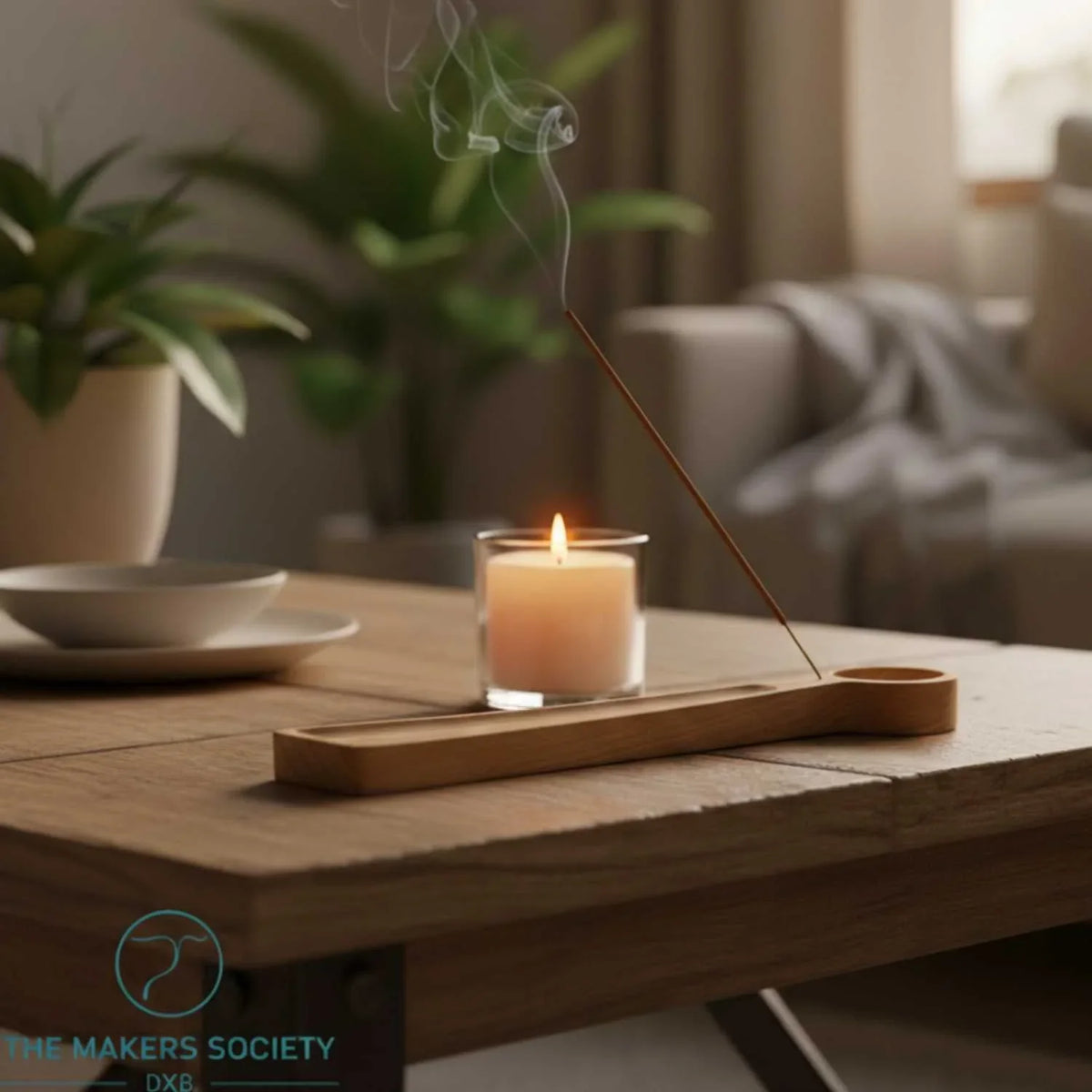 Wooden incense holder with lit incense stick and tealight candle on rustic wooden table in cozy living room