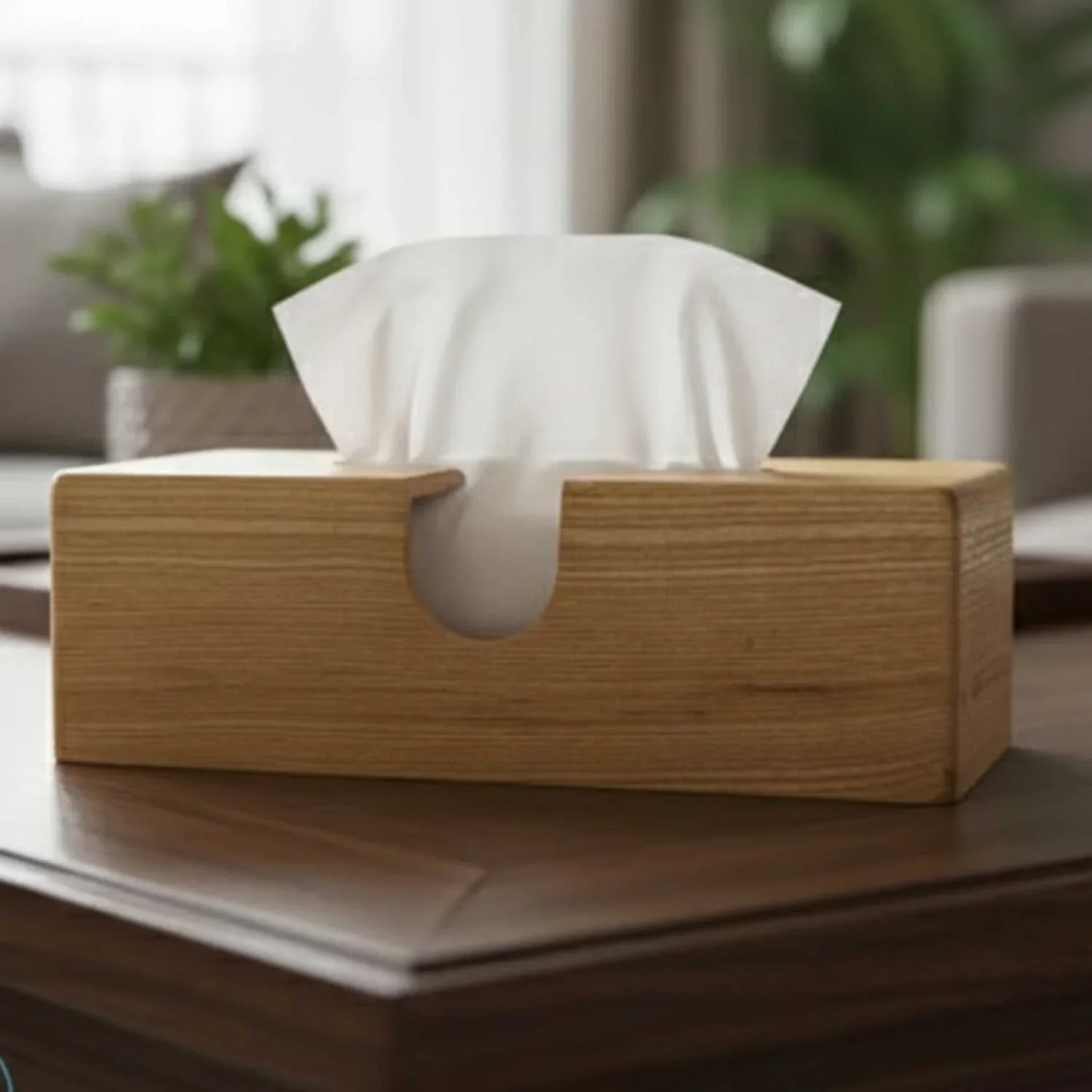 Handmade ash wood tissue box with white tissues on a wooden surface in a cozy home setting