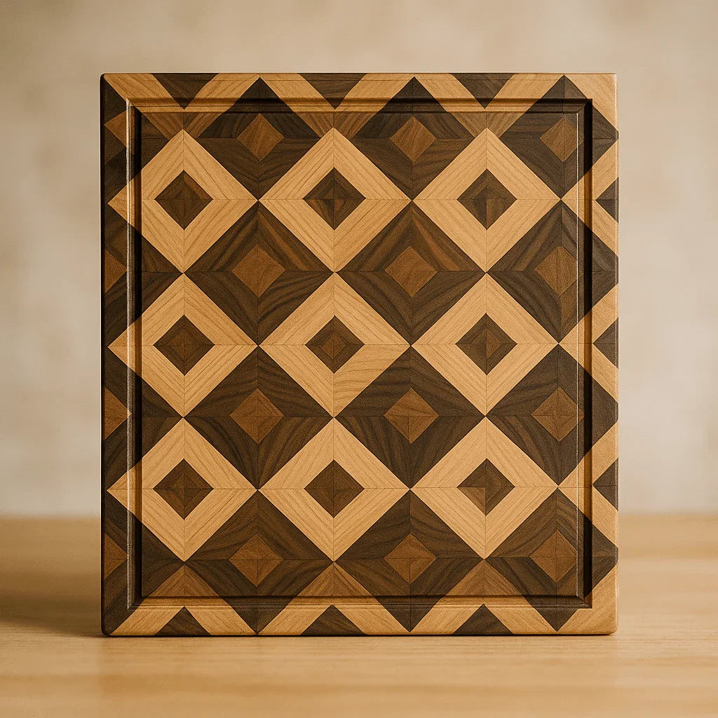 Square wooden cutting board with intricate diamond pattern made from light and dark wood