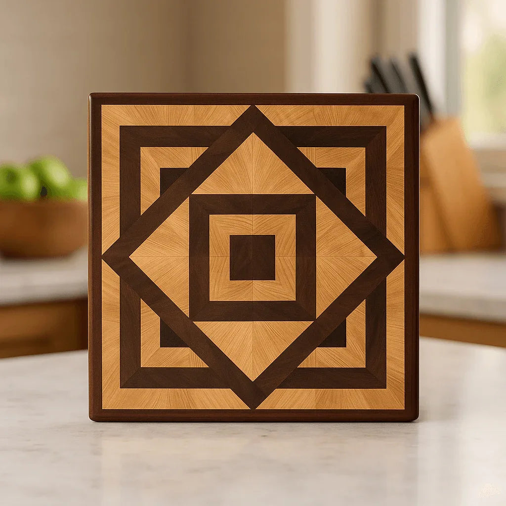 Geometric patterned wooden cutting board with contrasting light and dark wood grains on marble countertop