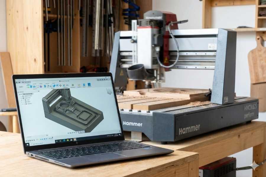 Laptop displaying Fusion 360 CAD software in the foreground, with an active Hammer CNC machine milling wood in the background at The Makers Society Dubai workshop.