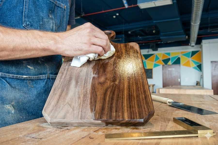 view of a maker applying mineral oil to a handcrafted walnut serving board at The Makers Society Dubai. The image captures "The Reveal," showing the sharp contrast between the light, dry wood and the rich, dark, gleaming grain where the oil is applied.