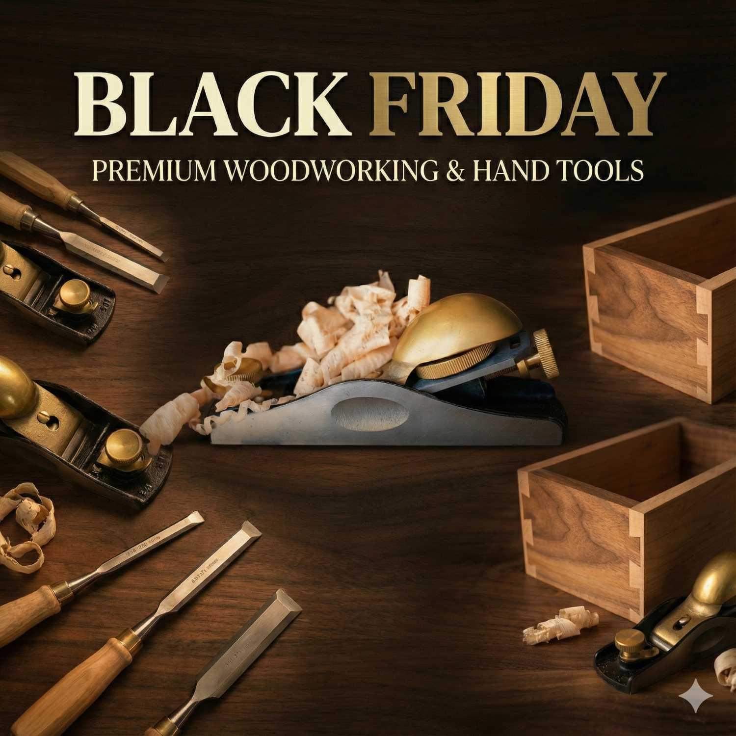 Black Friday offer sign with premium woodworking hand tools including chisels, hand planes, wood shavings, and wooden boxes on dark wood surface