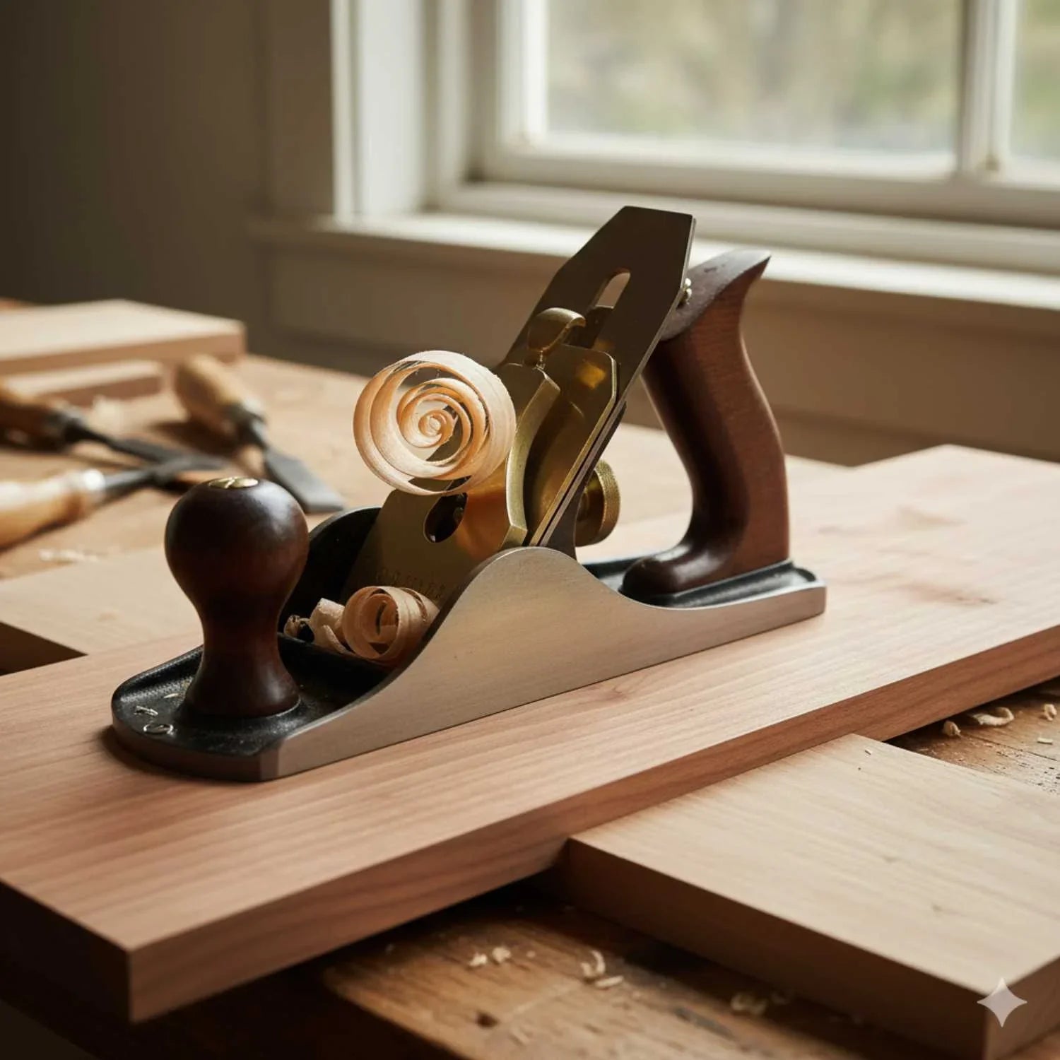 Premium hand plane woodworking tool on wooden board with wood shavings in a workshop