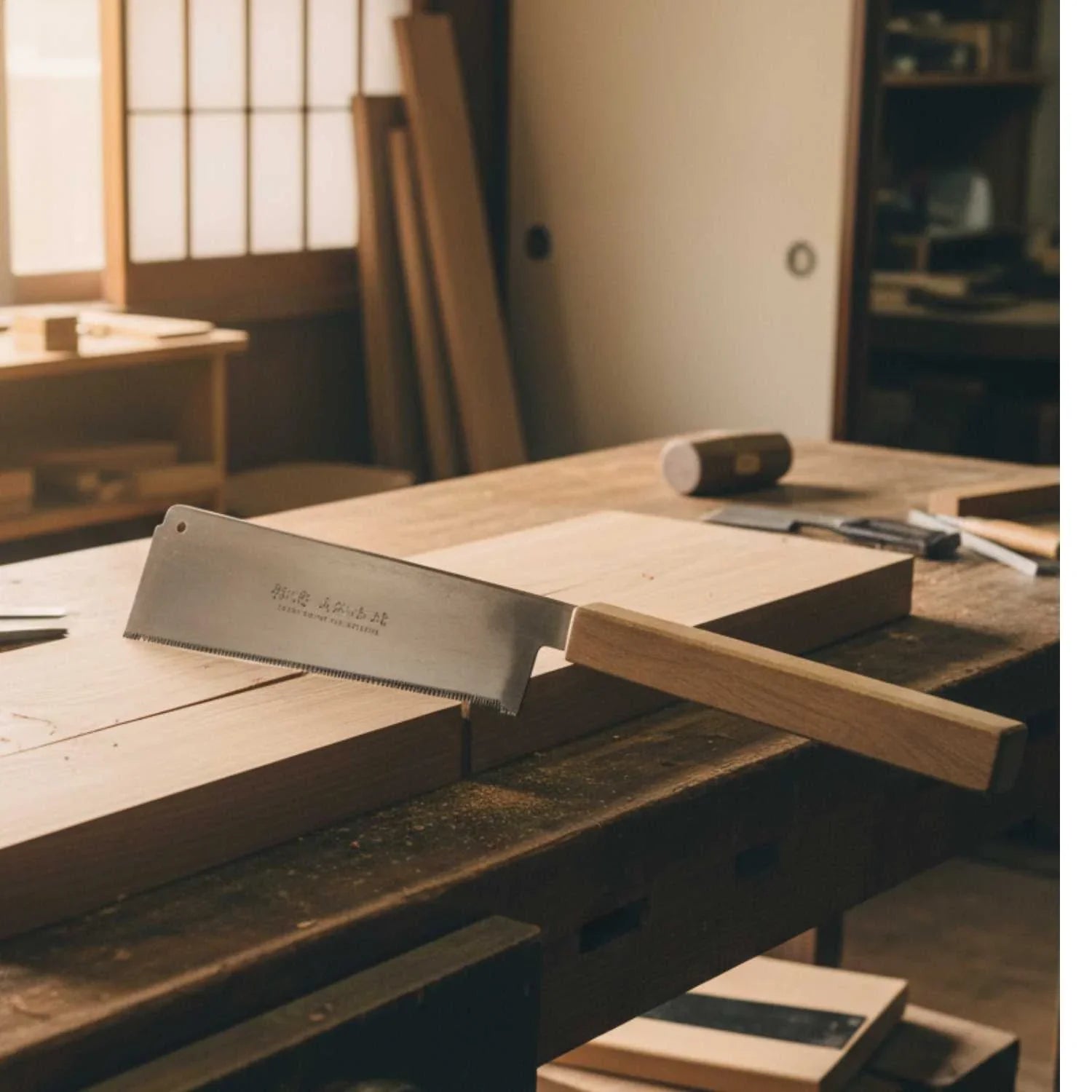Japanese woodworking saw with wooden handle on a carpenter's workbench with wood pieces and tools