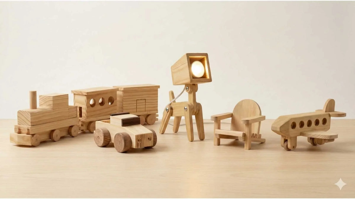 A collection of handcrafted minimalist wooden kids' projects arranged on a light wood surface, including a toy train, a pickup truck, an adjustable dog-shaped lamp with a glowing bulb, a miniature Adirondack chair, and a toy airplane.