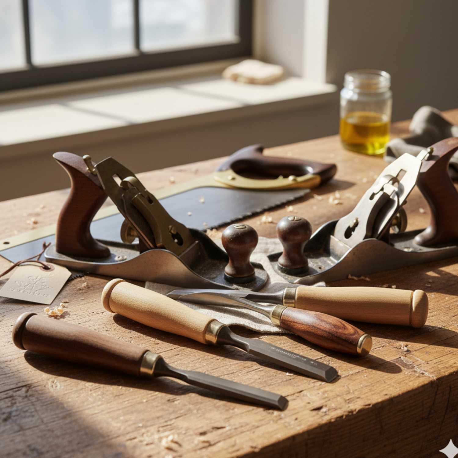 Premium woodworking hand tools including wood chisels, hand planes, and saw on wooden bench with oil jar