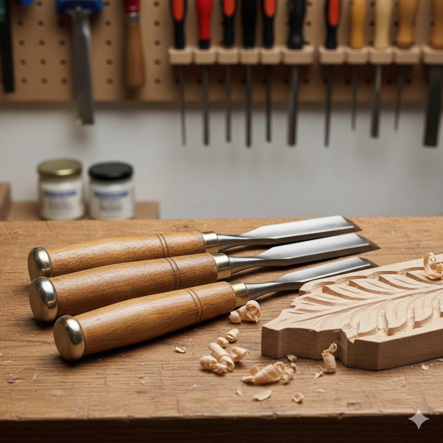 Set of four wooden-handled chisels on workbench with carved wood piece and wood shavings