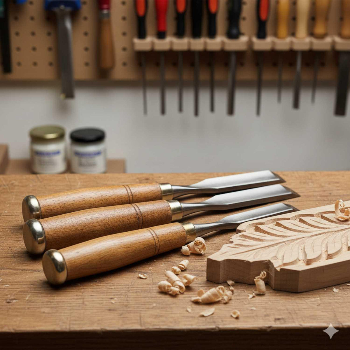 Set of four woodworking chisels with wooden handles on a workbench next to carved wood and wood shavings
