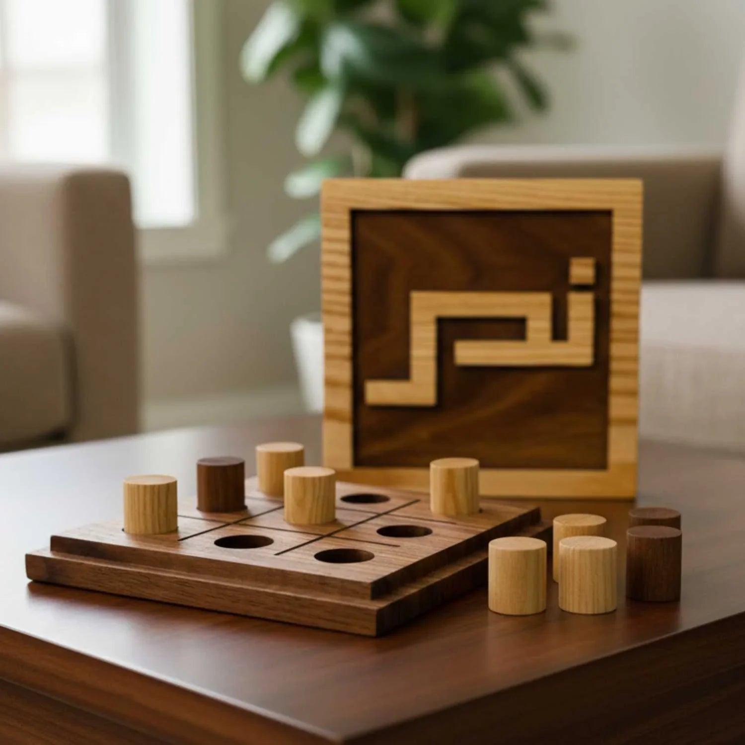 Handmade wooden tic tac toe game with natural light and dark wooden pieces on a wooden table, with decorative wooden box in background