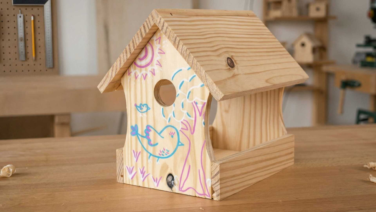 A woodworking home kit with a birdhouse available at The Makers Society