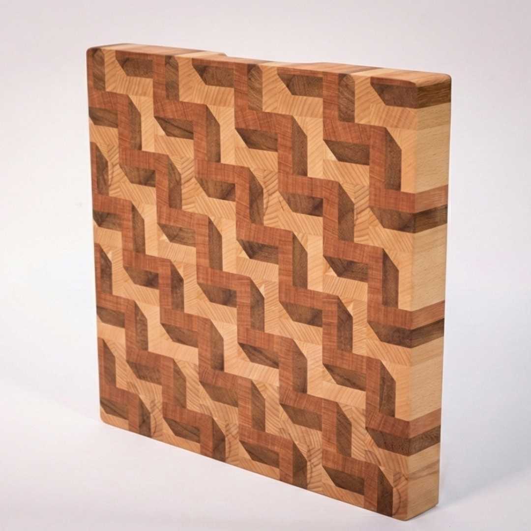 Handcrafted wooden cutting board with geometric 3D inlay pattern, premium kitchen decor