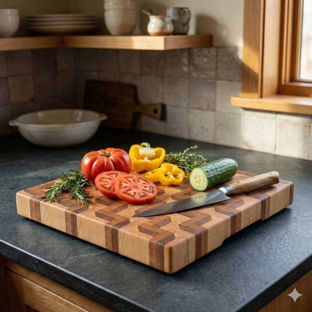 Handmade wooden cutting board with knife, fresh tomato, yellow pepper, cucumber and herbs in kitchen