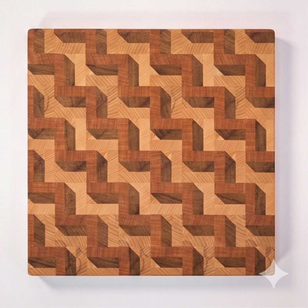 Geometric patterned wooden cutting board with handmade inlay design, premium woodworking