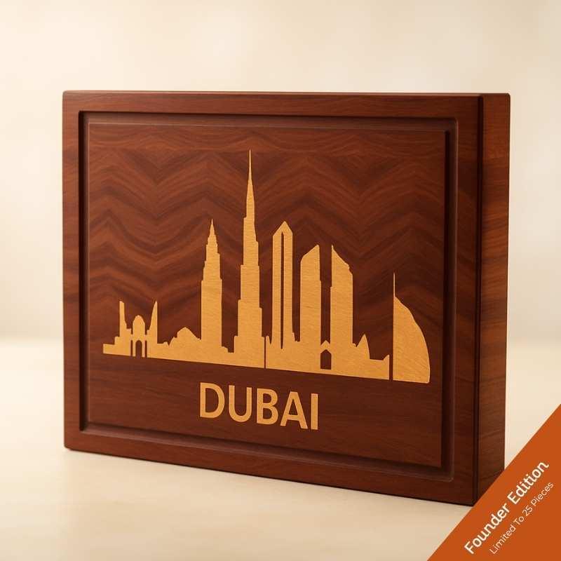 Wooden decorative box with Dubai skyline inlaid design, limited Founder Edition with 25 pieces
