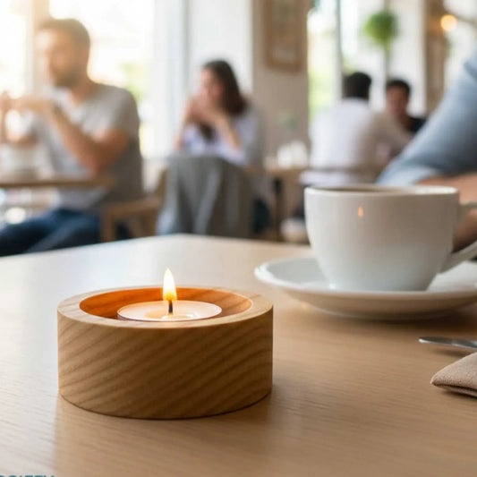 Handcrafted ash wood candle holder with lit tealight on wooden table next to white coffee cup in café