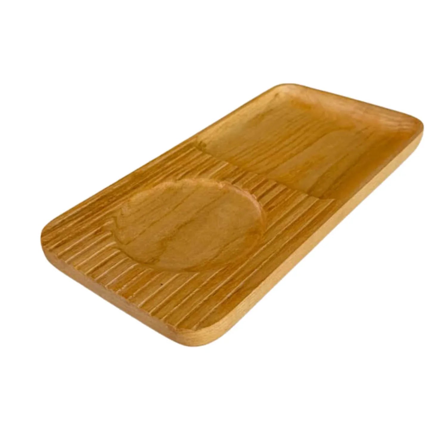 Handmade wooden cocktail snack tray with circular and rectangular compartments, smooth finish