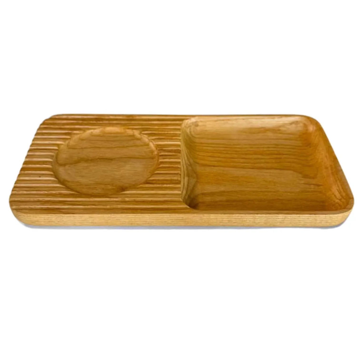Ashwood cocktail snack tray with round and rectangular compartments, handcrafted wooden serving board