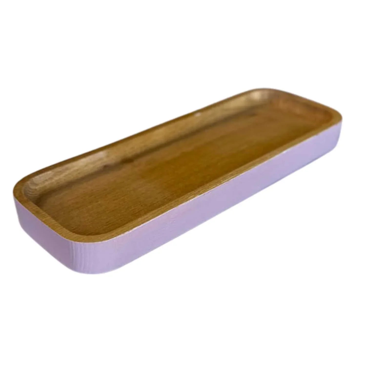 Ash wood rectangular cutlery rest with rounded edges and light purple painted sides