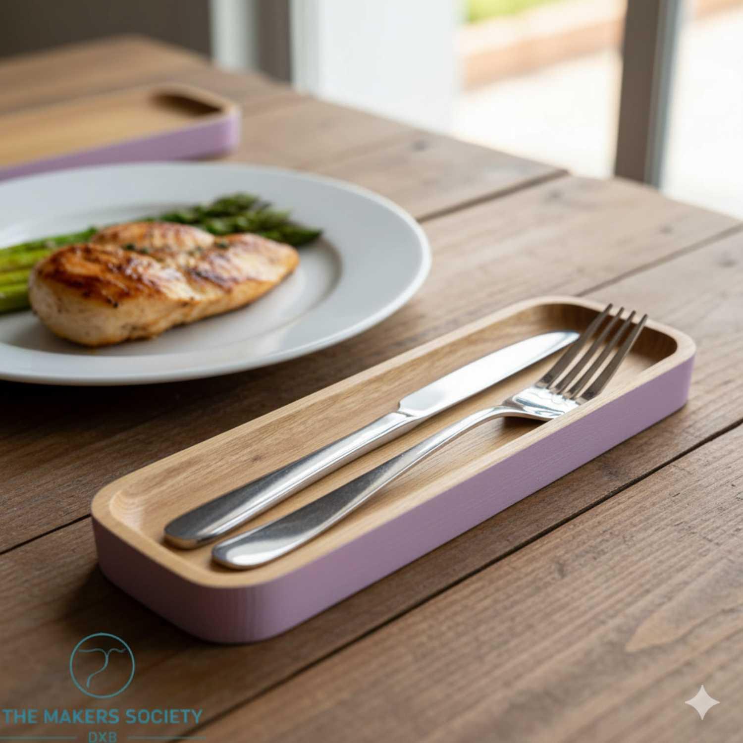 Handmade wooden cutlery rest with light purple edges holding a knife and fork on a rustic wooden table