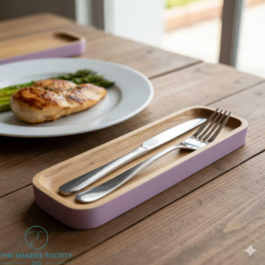 Handmade wooden cutlery rest with light purple edges holding a knife and fork on a rustic wooden table