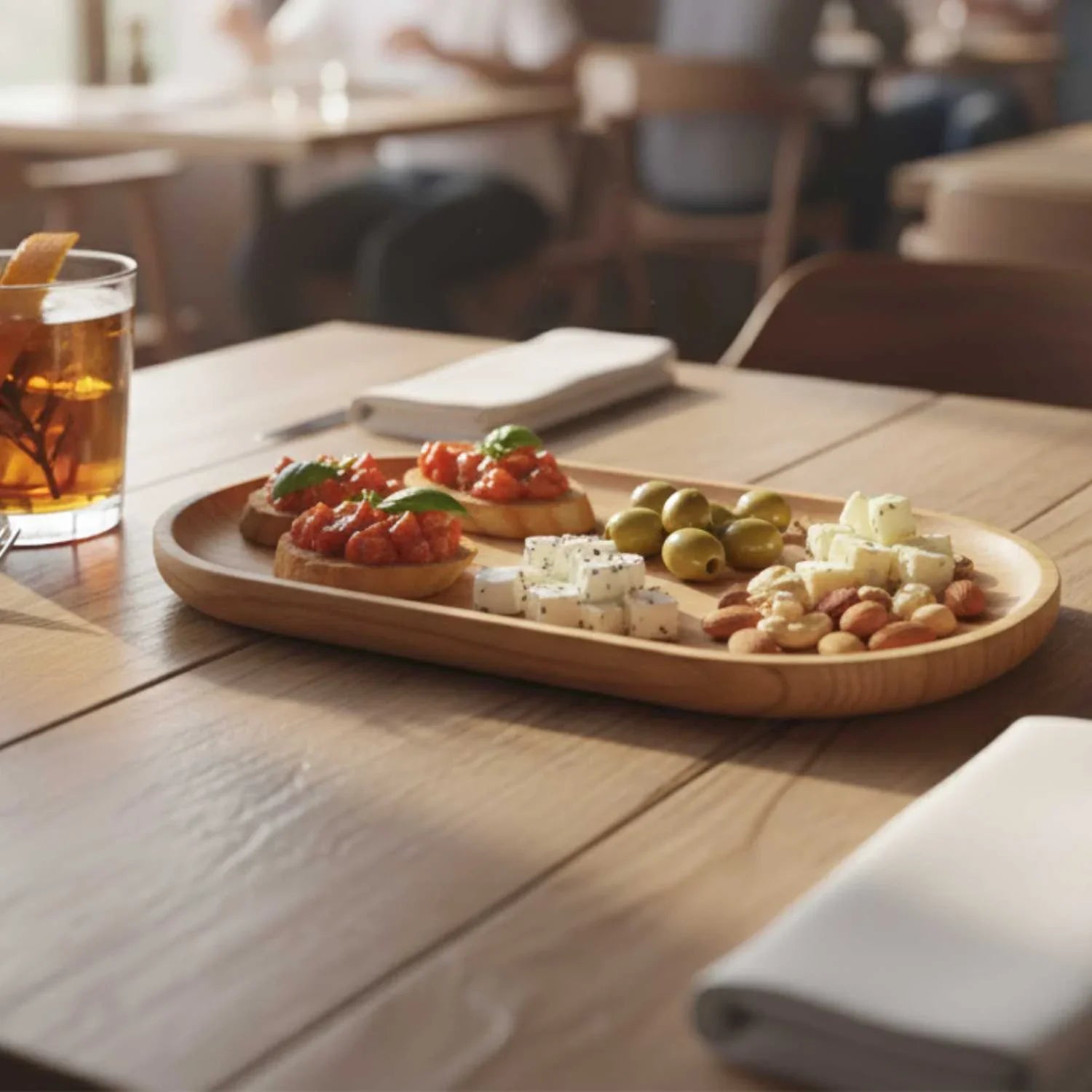 Handmade ashwood oval serving tray with bruschetta, cheese cubes, green olives, and mixed nuts on wooden table