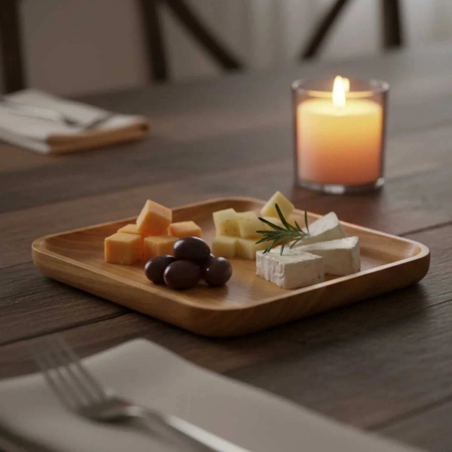 handmade wooden serving plate with cheese cubes, olives, and a sprig of rosemary on a wooden table with lit candle