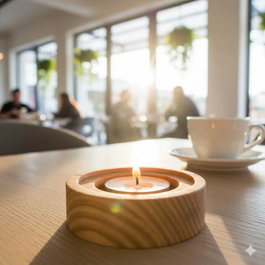 Handmade ash wood tealight candle holder with recessed rim on wooden table in bright cafe setting