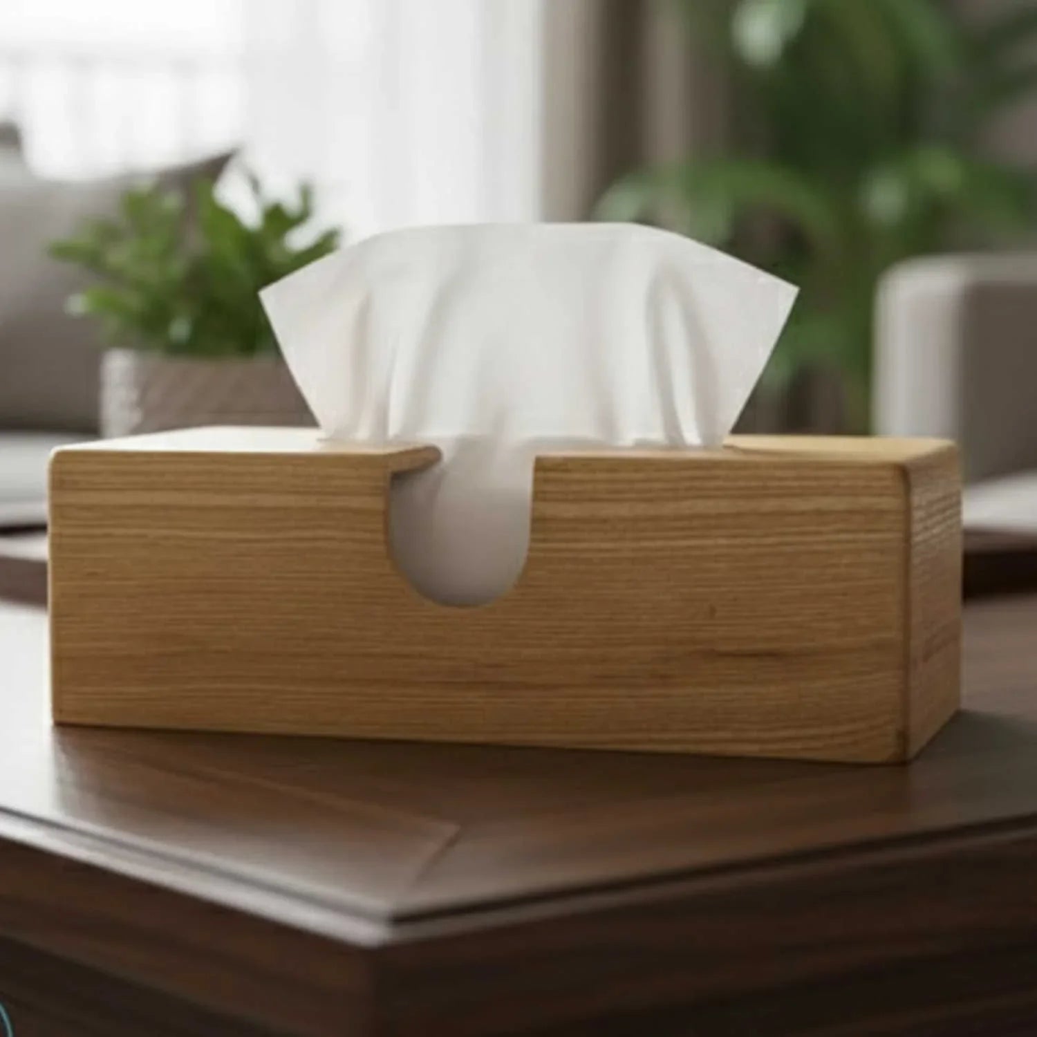 Handcrafted ash wood tissue box holder on a wooden table in a minimalist living room setting