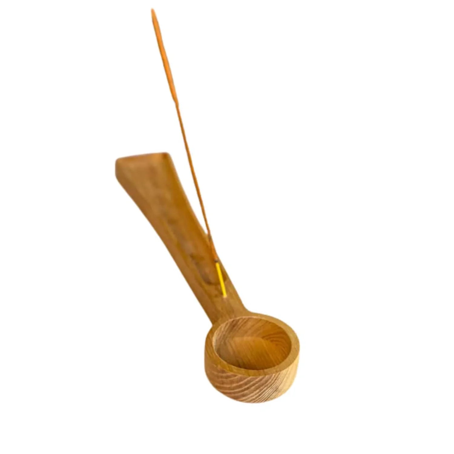 Handmade wooden incense holder with a tealight candle compartment and stick incense on white background