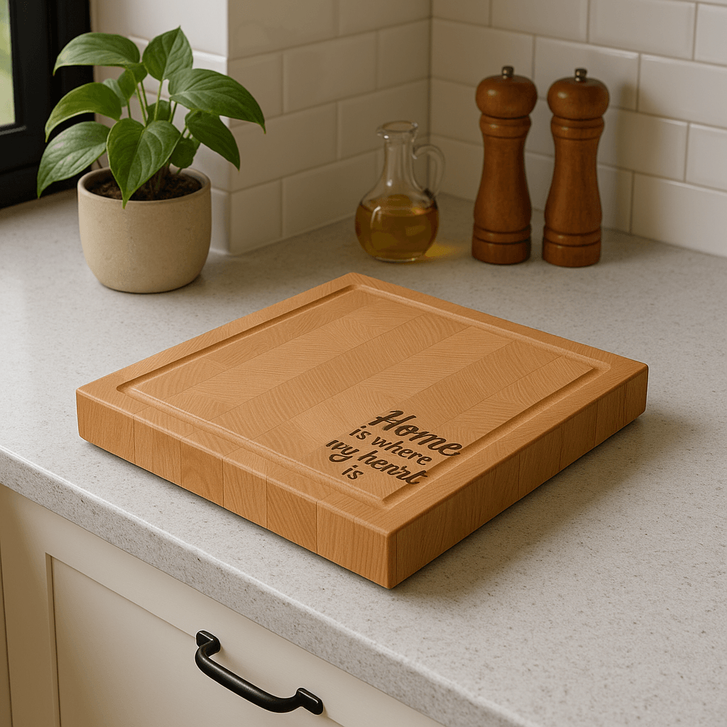 Square beech end grain cutting board with engraved text on kitchen countertop next to potted plant and wooden salt and pepper mills