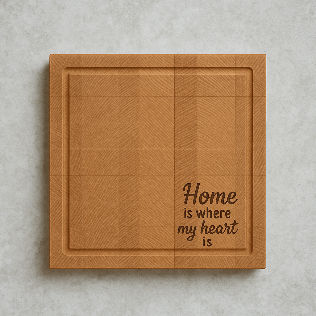 End grain beech cutting board with engraved text Home is where my heart is on light stone surface