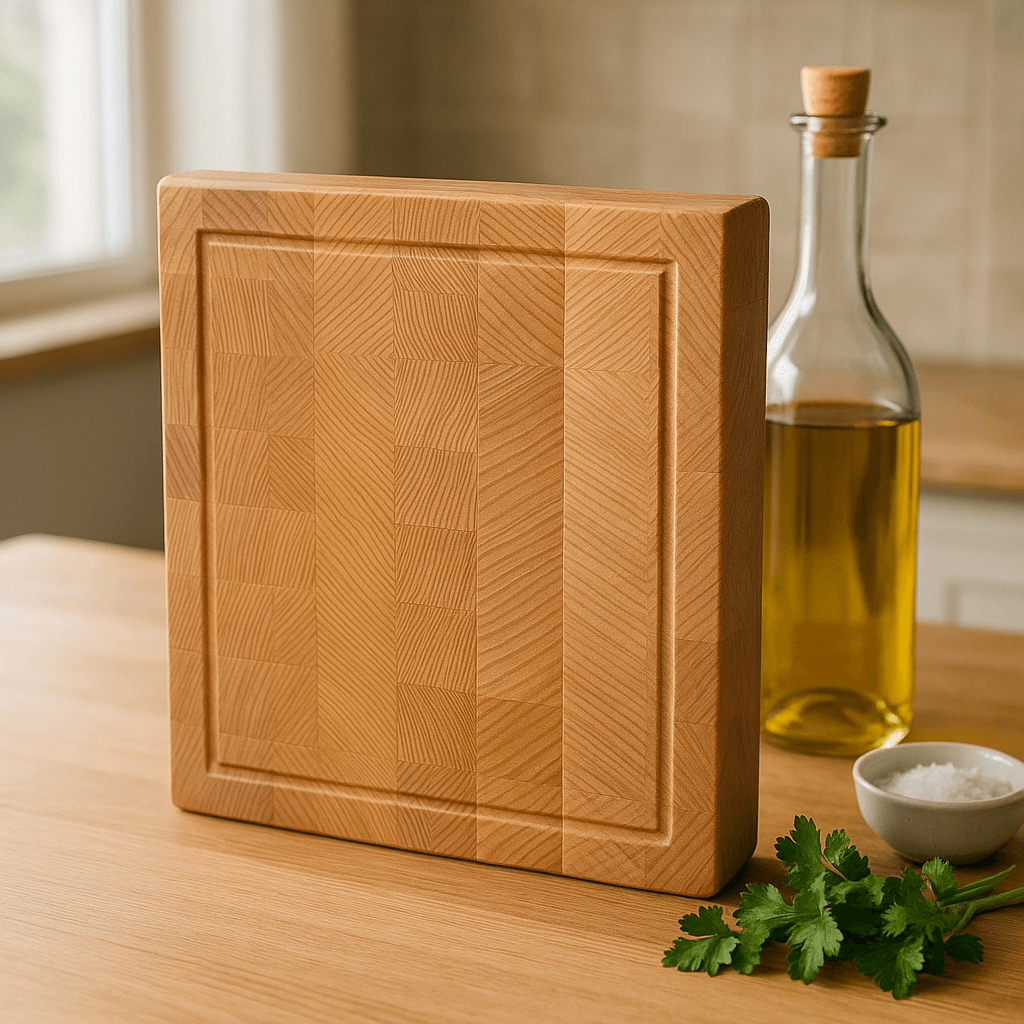 End grain beech wood cutting board standing on a wooden surface with olive oil bottle, salt bowl, and fresh cilantro