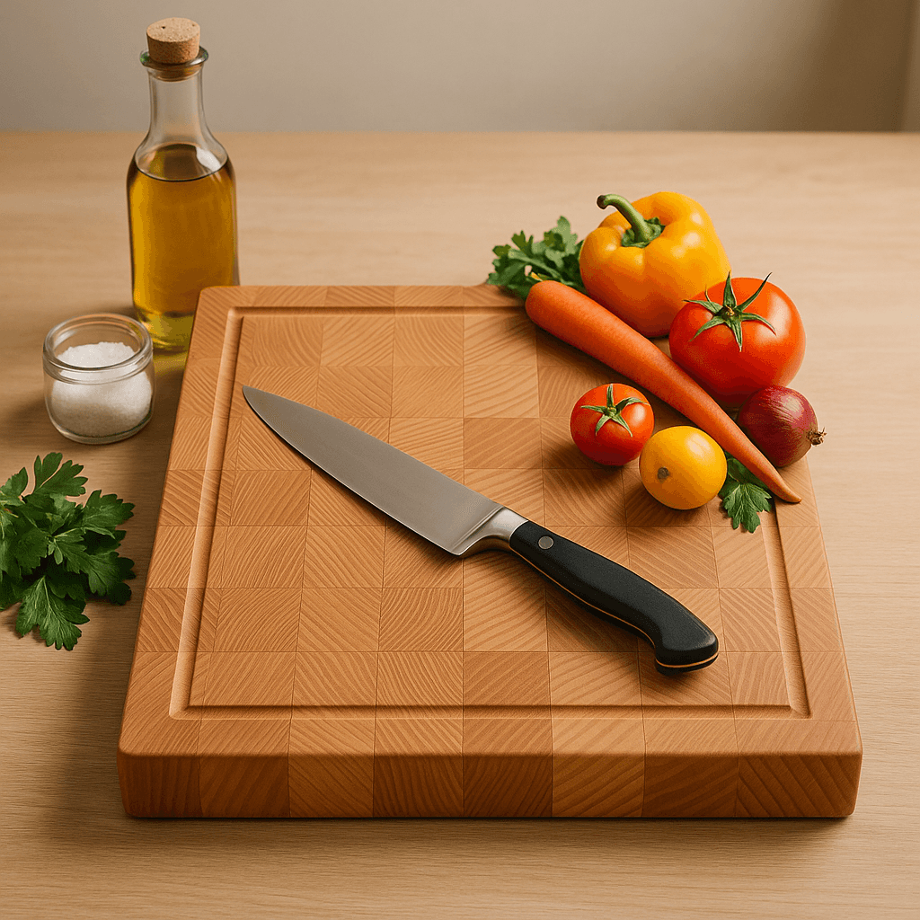 End grain beech cutting board with chef knife, fresh vegetables, olive oil, and salt jar