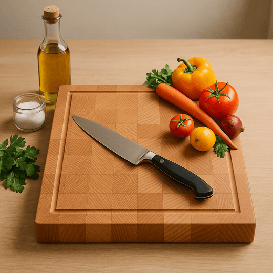 End grain beech cutting board with chef knife, fresh vegetables, olive oil, and salt jar