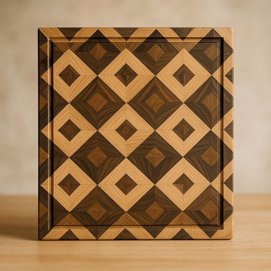 Square diamond-patterned wooden cutting board with light and dark wood tones on a wooden surface