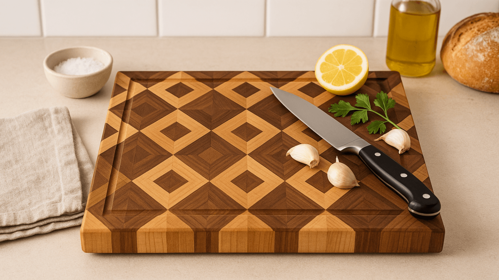 Diamond patterned wooden cutting board with chef knife, garlic cloves, lemon half, parsley on kitchen counter