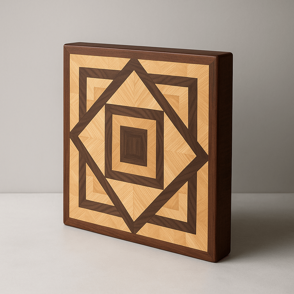 Geometric wooden cutting board with square pattern in light and dark wood, handmade craftsmanship