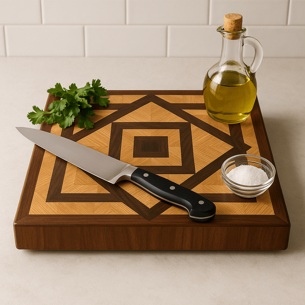 Geometric patterned wooden cutting board with chef knife, fresh cilantro, glass jar of olive oil, and bowl of salt