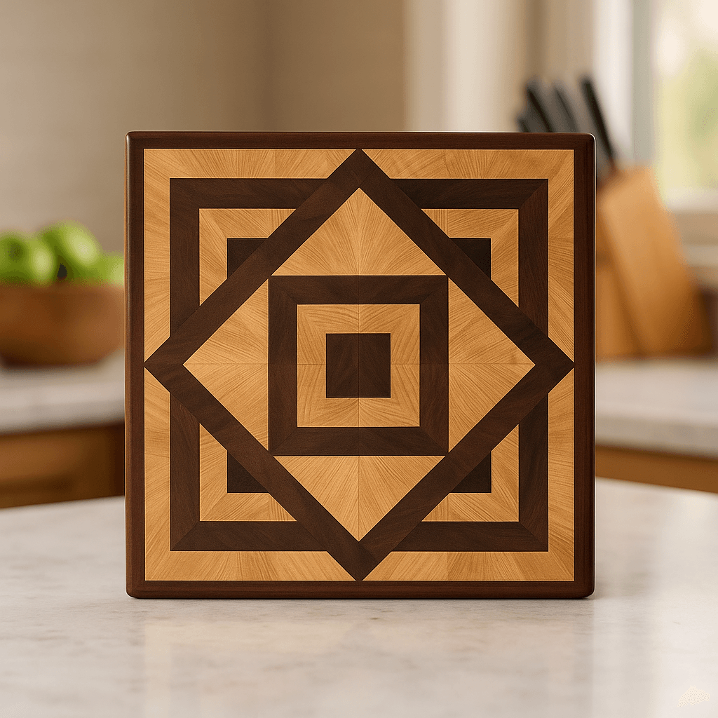 Handmade geometric cutting board with intricate light and dark wood patterns on kitchen counter