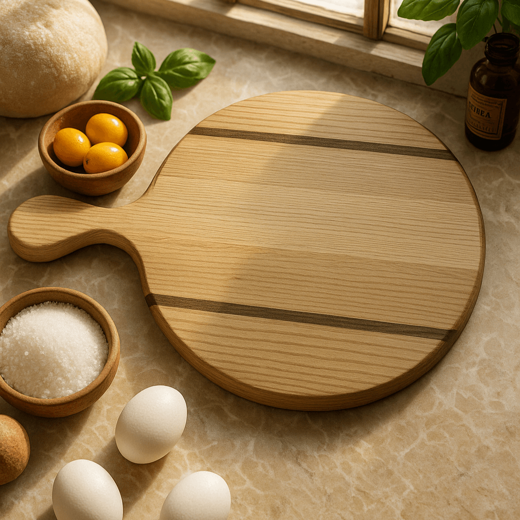 Round wooden cutting board with handle featuring dark wood inlays on kitchen countertop with eggs, salt, bread, and basil