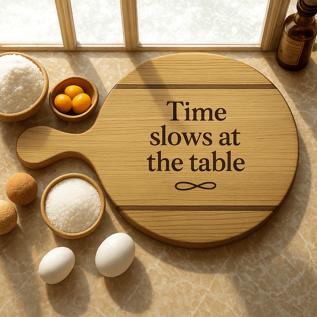 Round wooden cutting board with handle and engraved text 'Time slows at the table' on kitchen counter with eggs and bowls