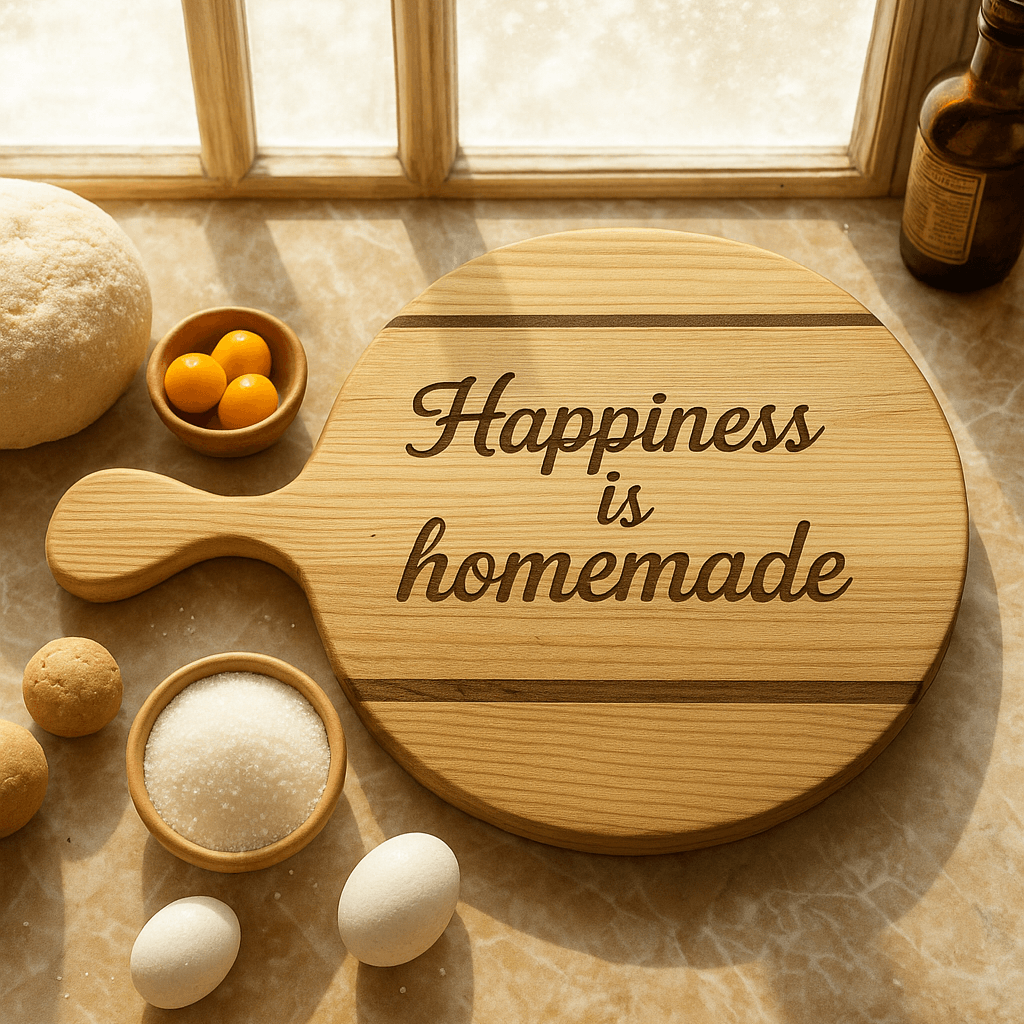 Round wooden cutting board with handle, engraved text 'Happiness is homemade', surrounded by baking ingredients