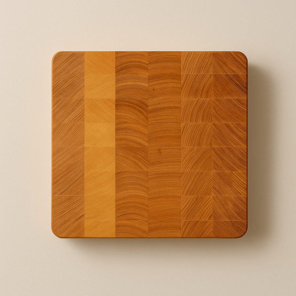 Solace artisanal wooden cutting board with varied grain patterns and smooth rounded edges