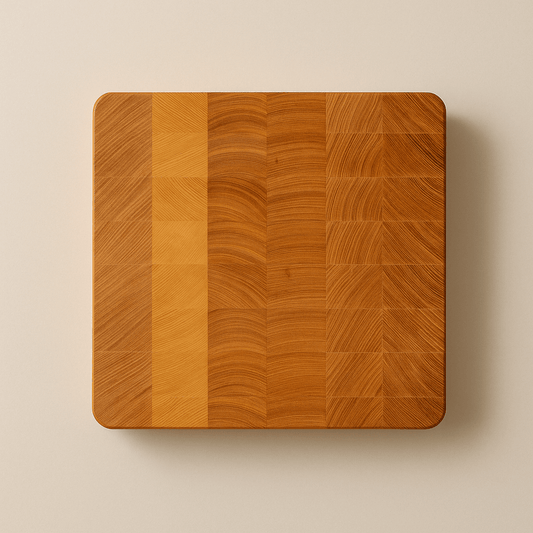 Solace artisanal wooden cutting board with varied grain patterns and smooth rounded edges