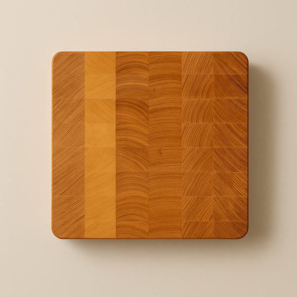 Solace artisanal wooden cutting board with varied grain patterns and smooth rounded edges