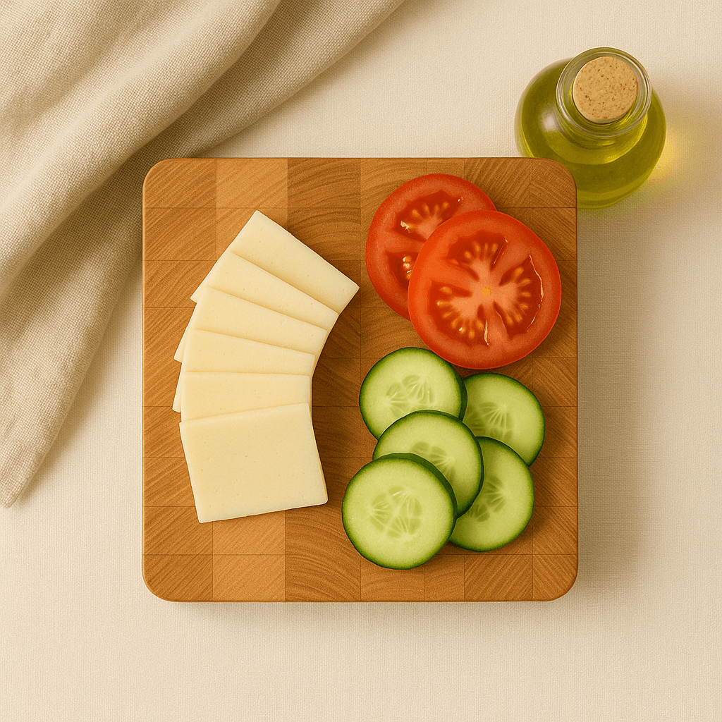 Artisanal wooden cutting board with sliced cheese, cucumber, tomato, and a bottle of olive oil on light fabric