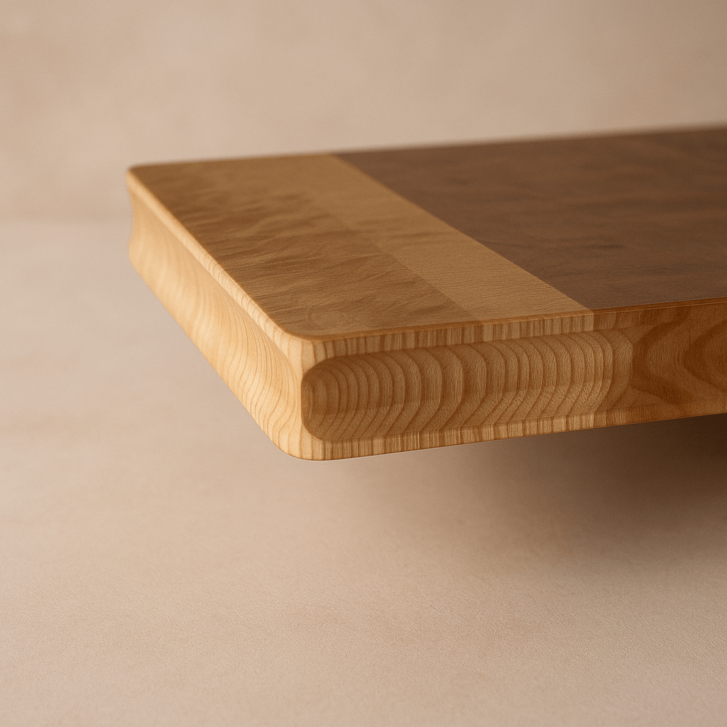 Close-up of artisanal wooden cutting board with smooth rounded edges and two-tone wood finish